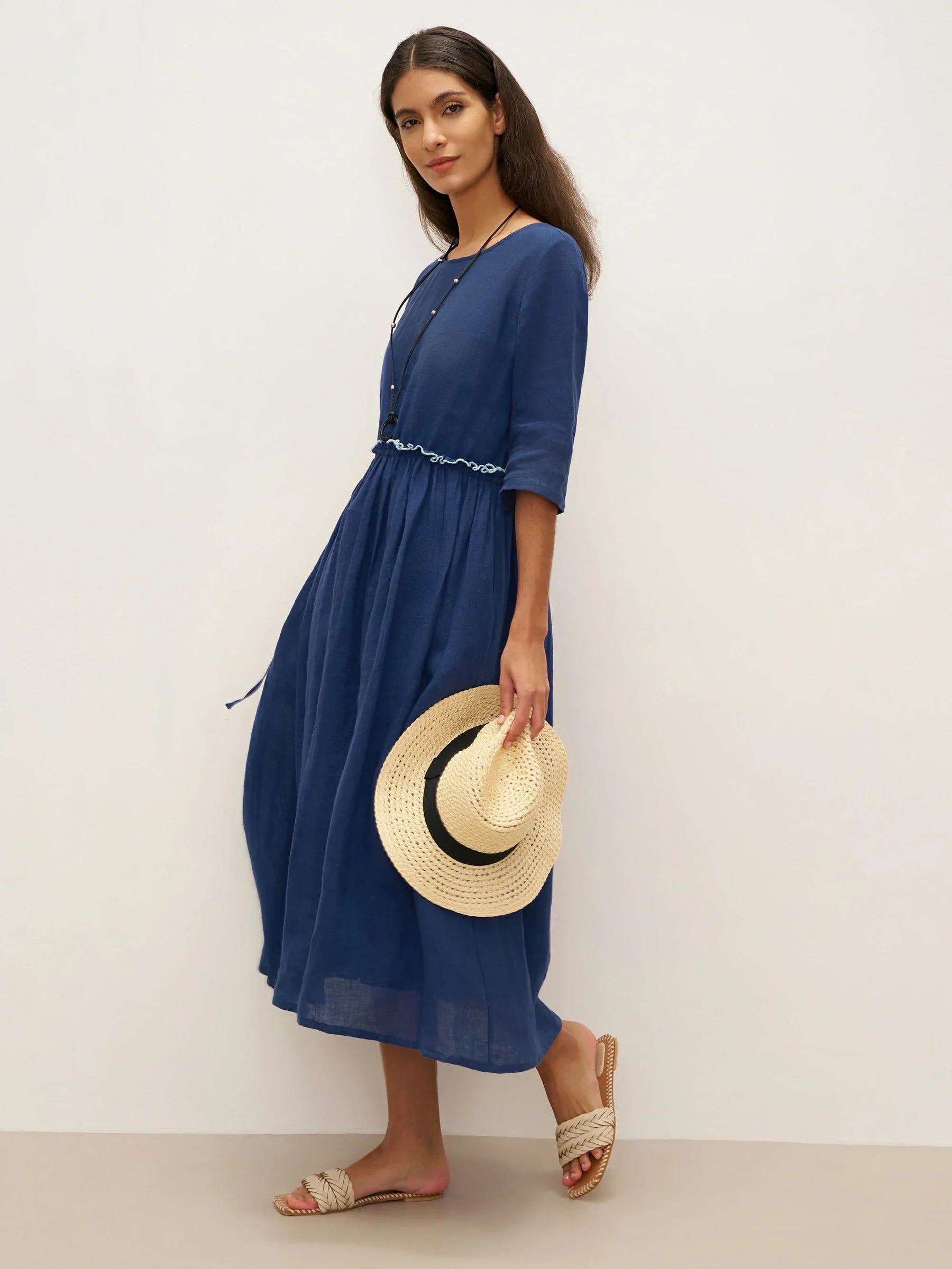 100% Linen Petal-Waist Drawstring Midi Dress JASMINE - Glamourous Grace