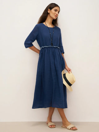 100% Linen Petal-Waist Drawstring Midi Dress JASMINE - Glamourous Grace