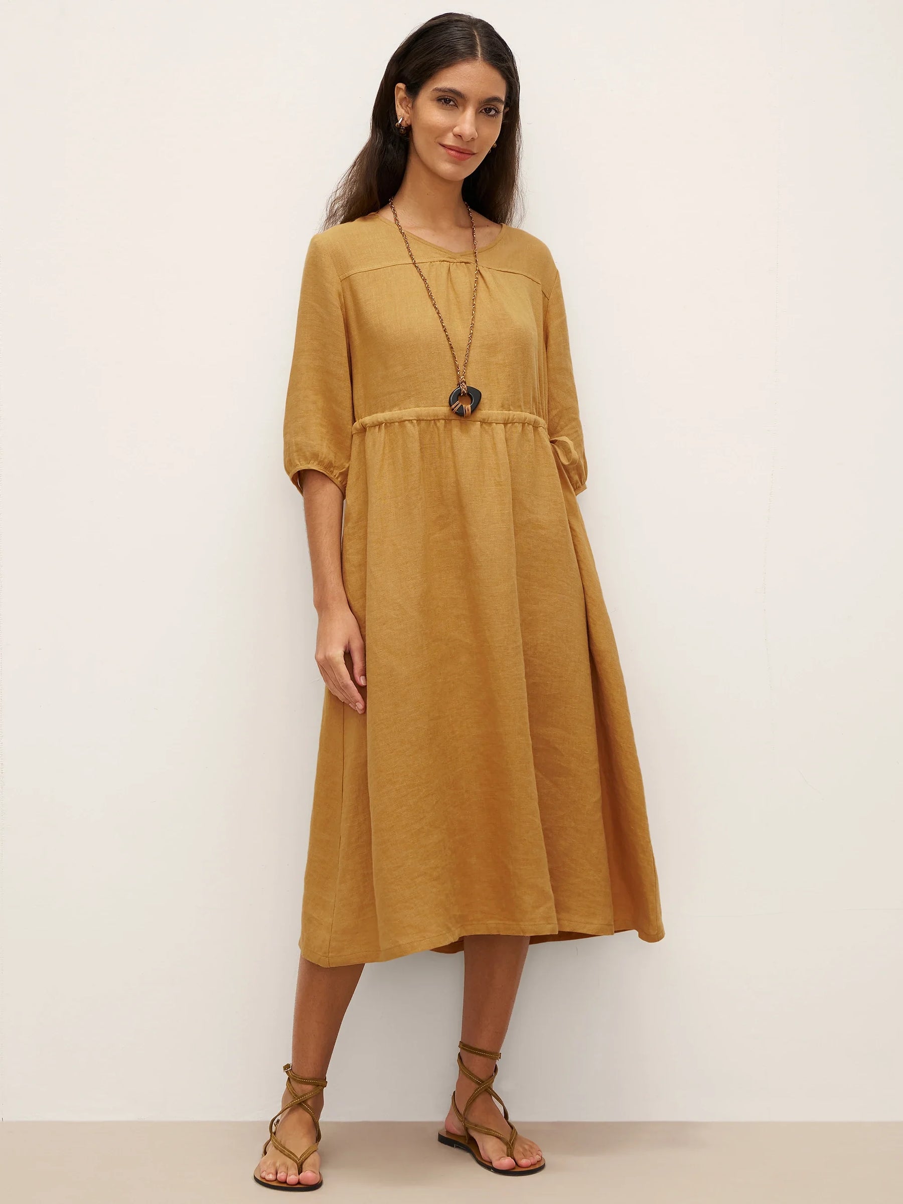 100% Linen A-Line Drawstring Waist Midi Dress DIXIE - Glamourous Grace