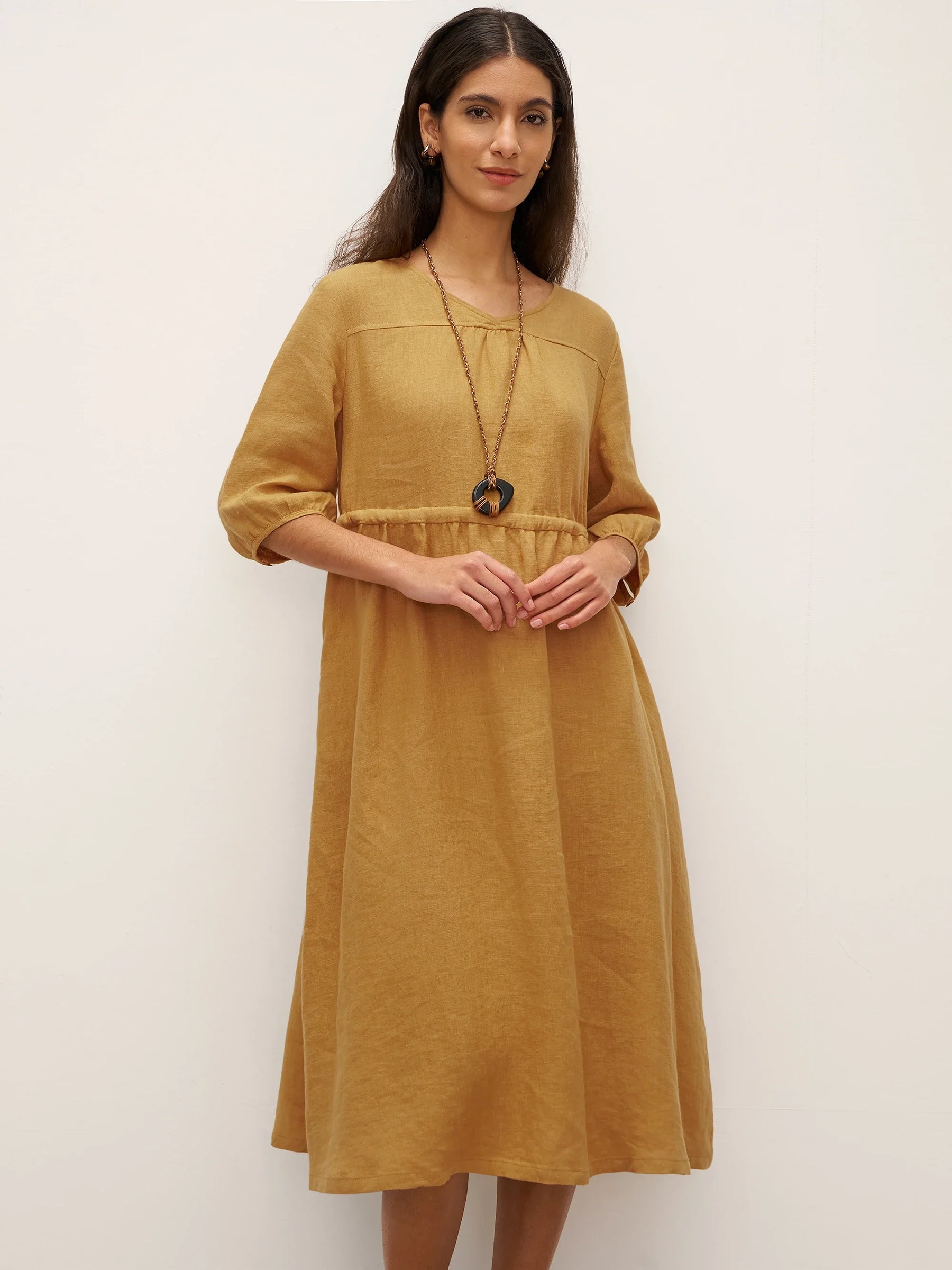 100% Linen A-Line Drawstring Waist Midi Dress DIXIE - Glamourous Grace