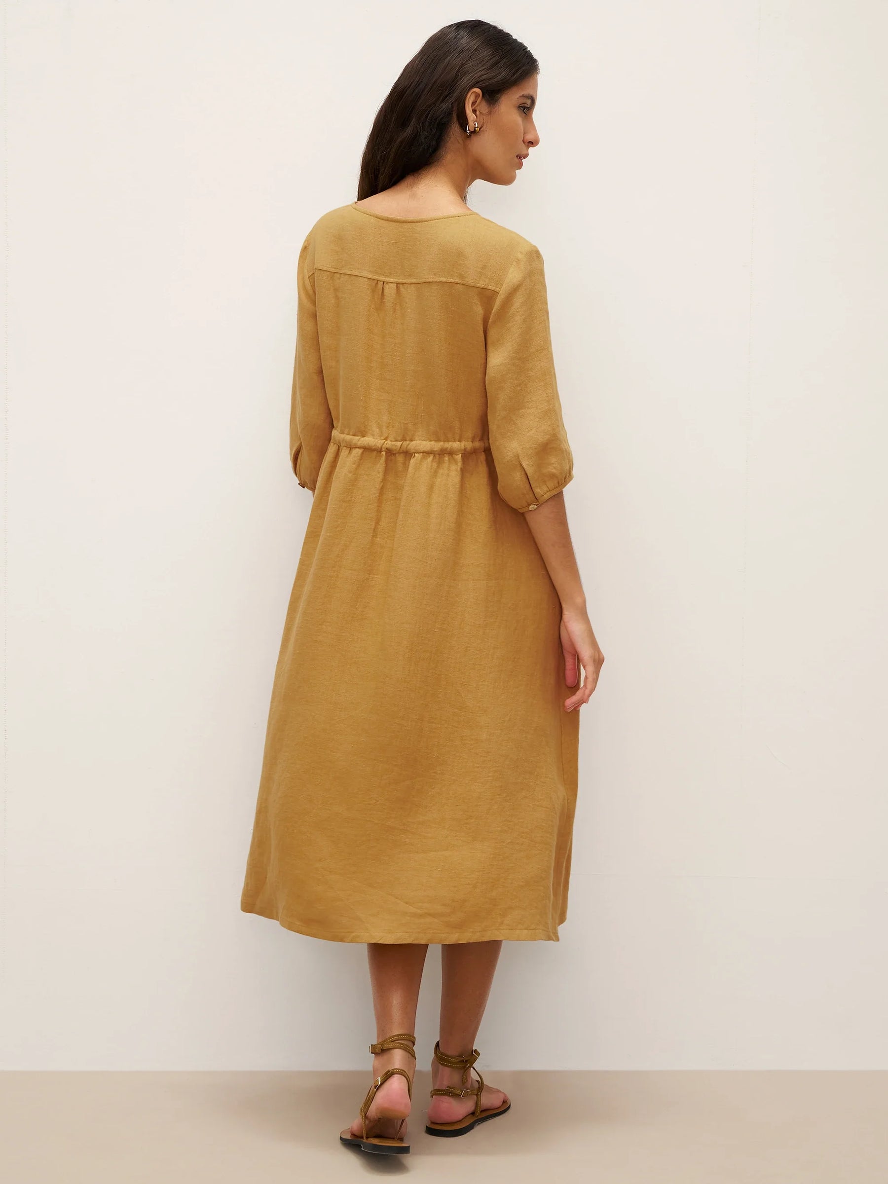 100% Linen A-Line Drawstring Waist Midi Dress DIXIE - Glamourous Grace