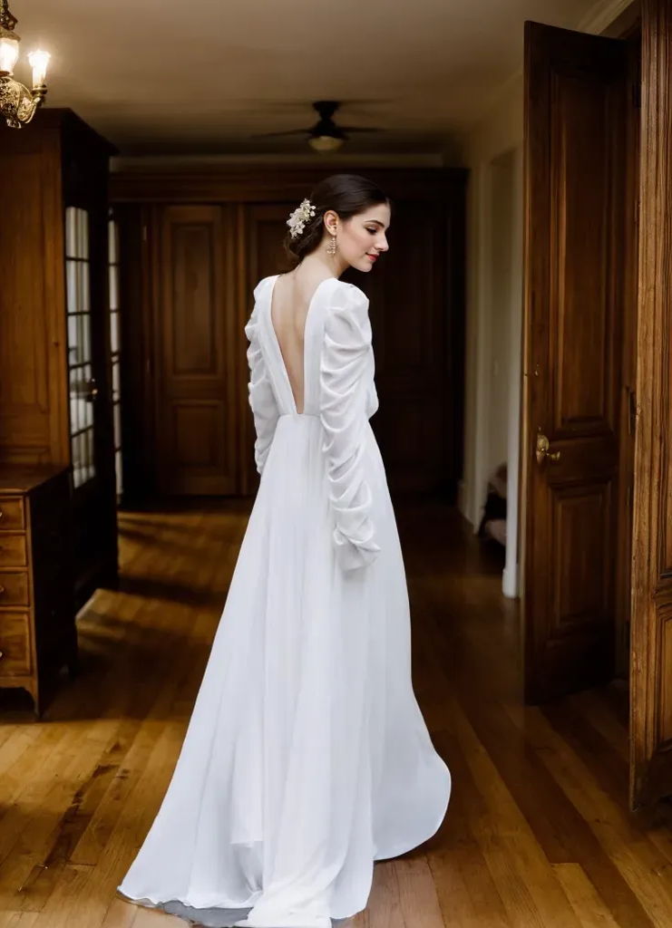 Timeless Chiffon Long Sleeve Wedding Gown with Draped Sleeves and Deep V Back - Glamourous Grace