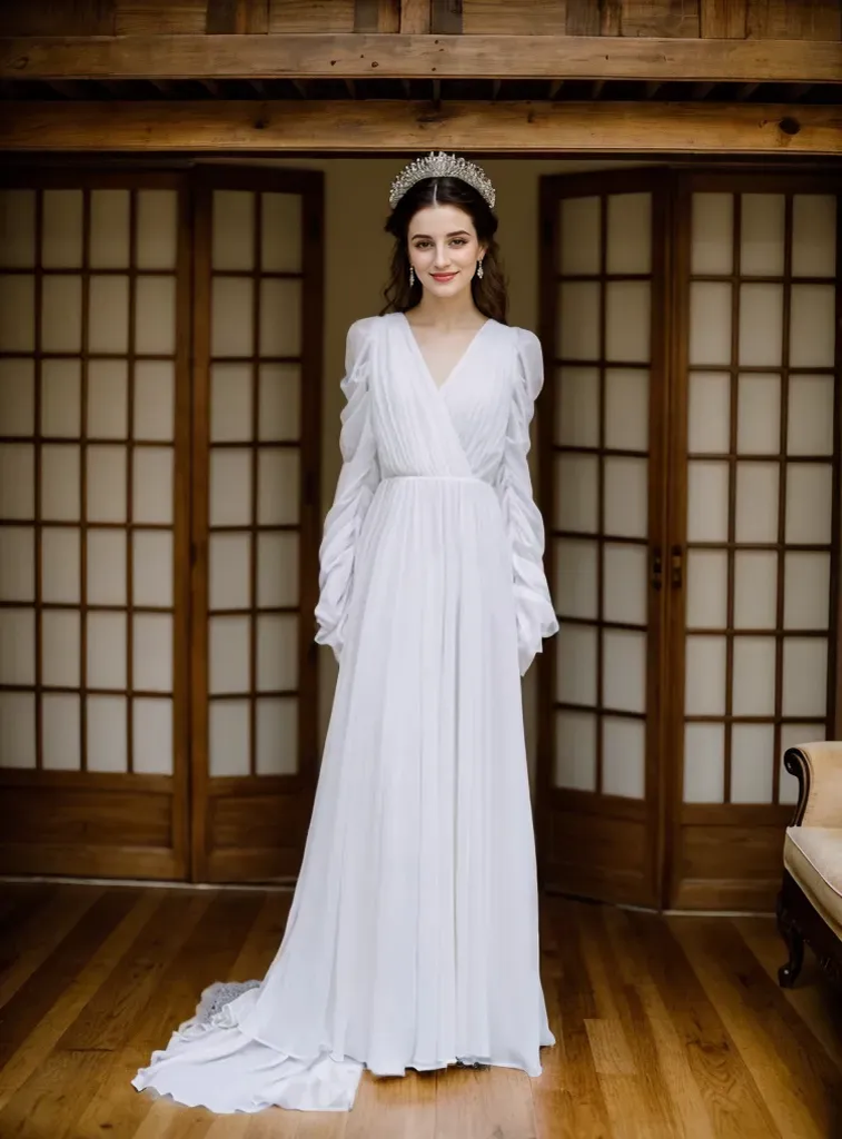 Timeless Chiffon Long Sleeve Wedding Gown with Draped Sleeves and Deep V Back - Glamourous Grace