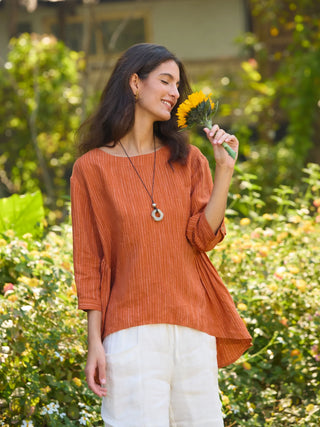 100% Linen Round Neck Artistic Stripe Top FLORENCE - Glamourous Grace