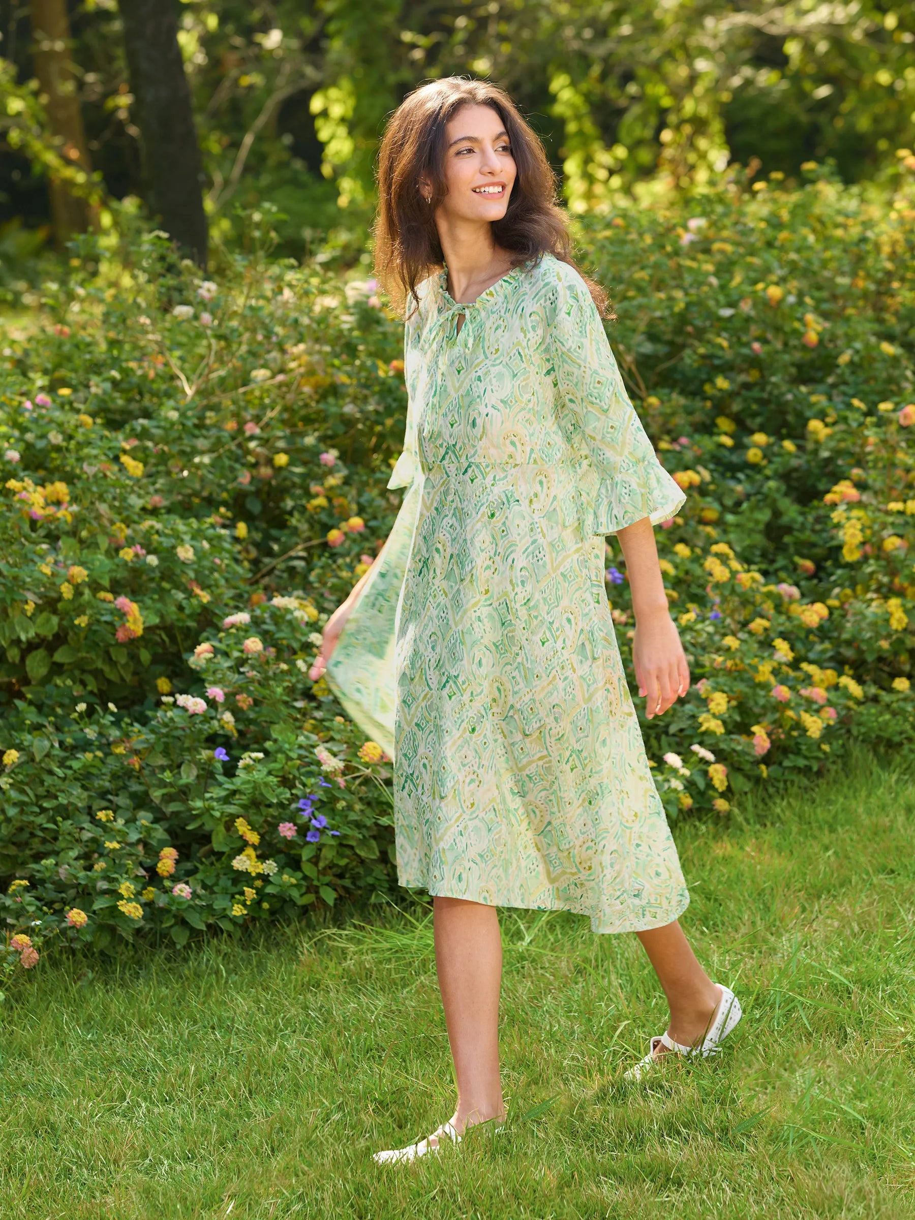 100% Linen A-Line Ruffled Collar Tie-Neck Midi Dress LIVIA - Glamourous Grace