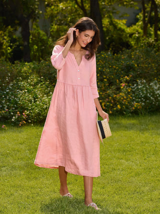 LINTICO 100% linen loose fit maxi dress with button waist and gathered design, featuring a flowing silhouette and elegant style.