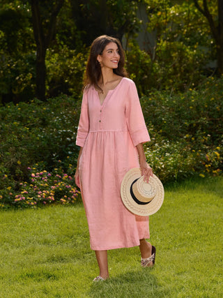 LINTICO 100% linen loose fit maxi dress with button waist and gathered design, featuring a breathable, stylish linen dress.