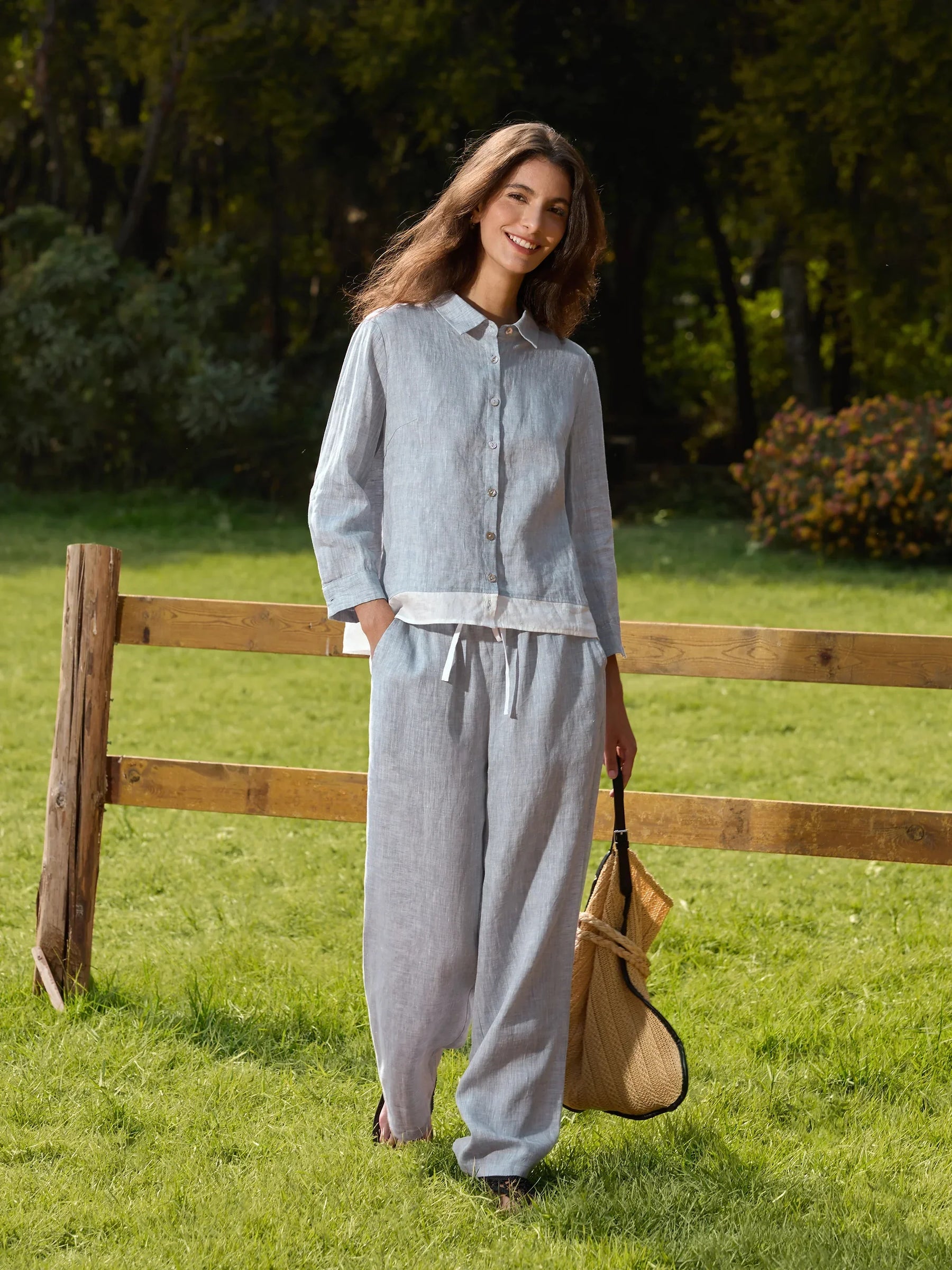 100% Linen Elastic Waist Straight-Leg Trousers JOURDAN - Glamourous Grace
