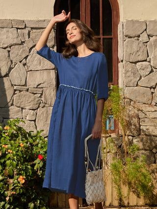 100% Linen Petal-Waist Drawstring Midi Dress JASMINE - Glamourous Grace