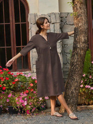 100% Linen V-neck Bell Pocket Midi Dress EVELINA - Glamourous Grace