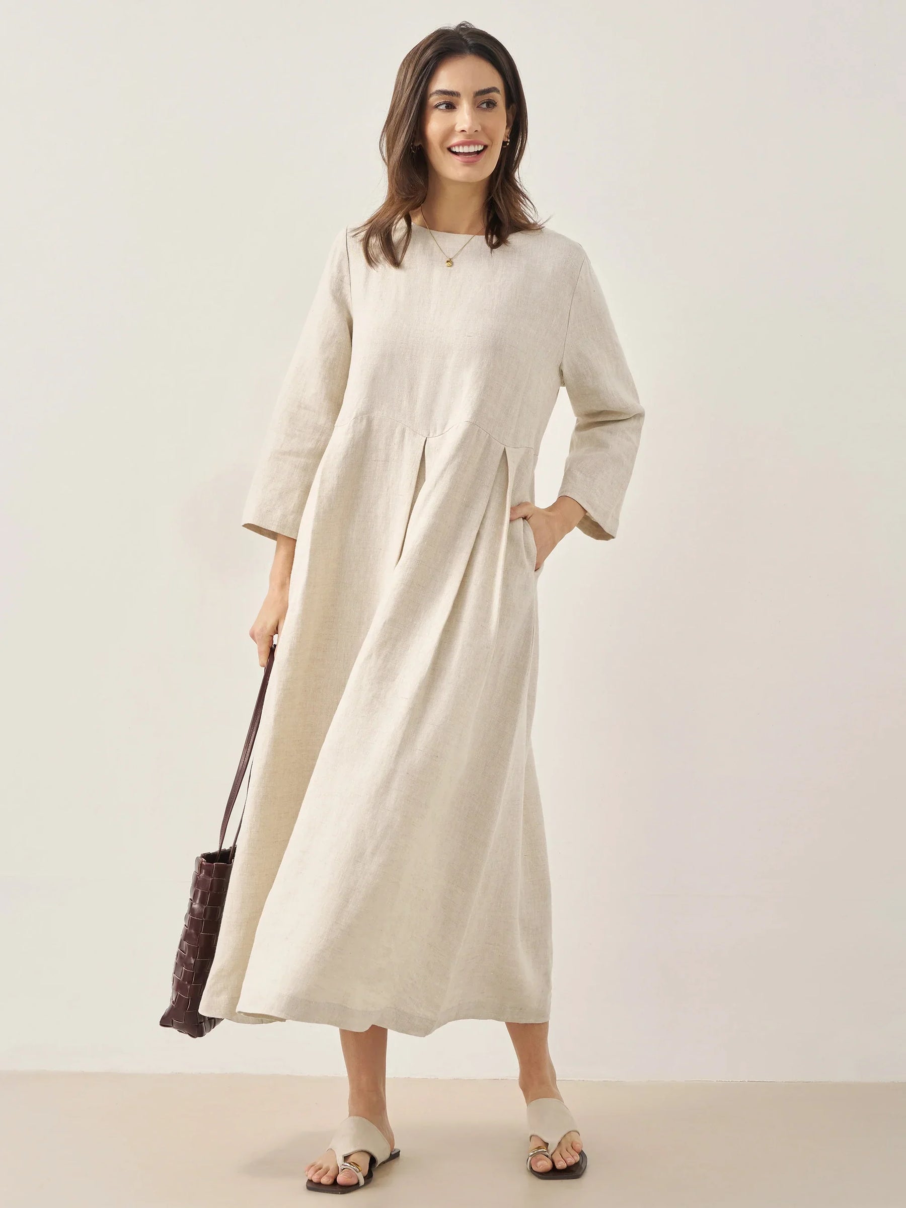 100% Linen Bateau Neck Pleated Maxi Dress ABIGAIL - Glamourous Grace