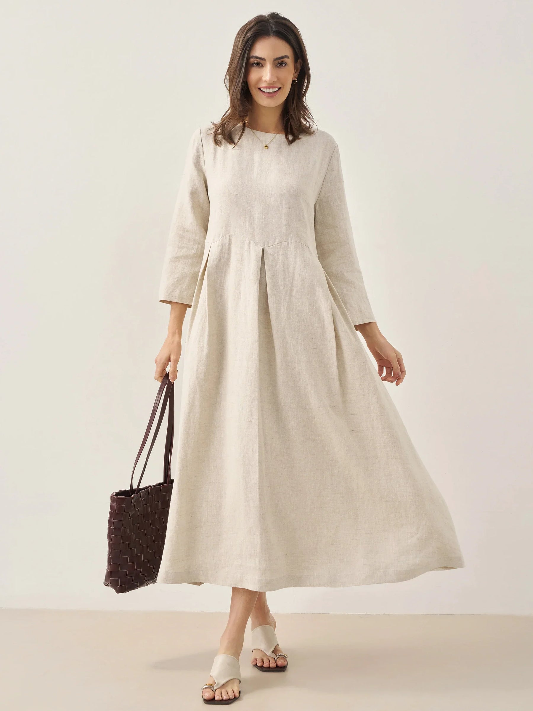 100% Linen Bateau Neck Pleated Maxi Dress ABIGAIL - Glamourous Grace