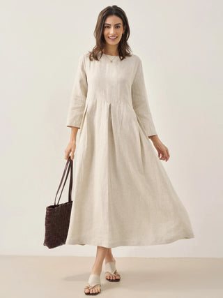 LINTICO 100% linen Bateau neck pleated maxi dress with flowing silhouette and elegant design, perfect for casual or formal wear.