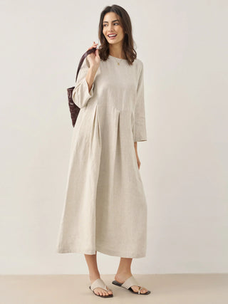 100% Linen Bateau Neck Pleated Maxi Dress