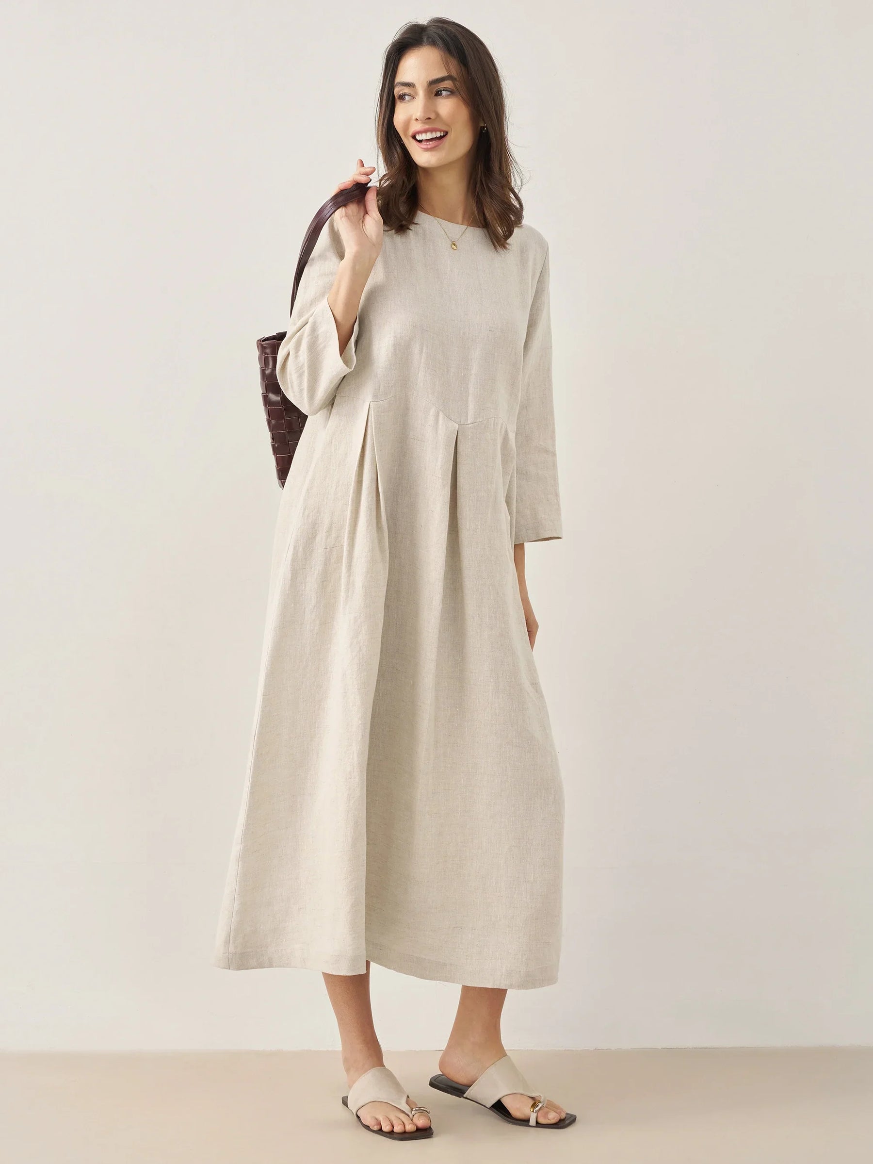 100% Linen Bateau Neck Pleated Maxi Dress ABIGAIL - Glamourous Grace