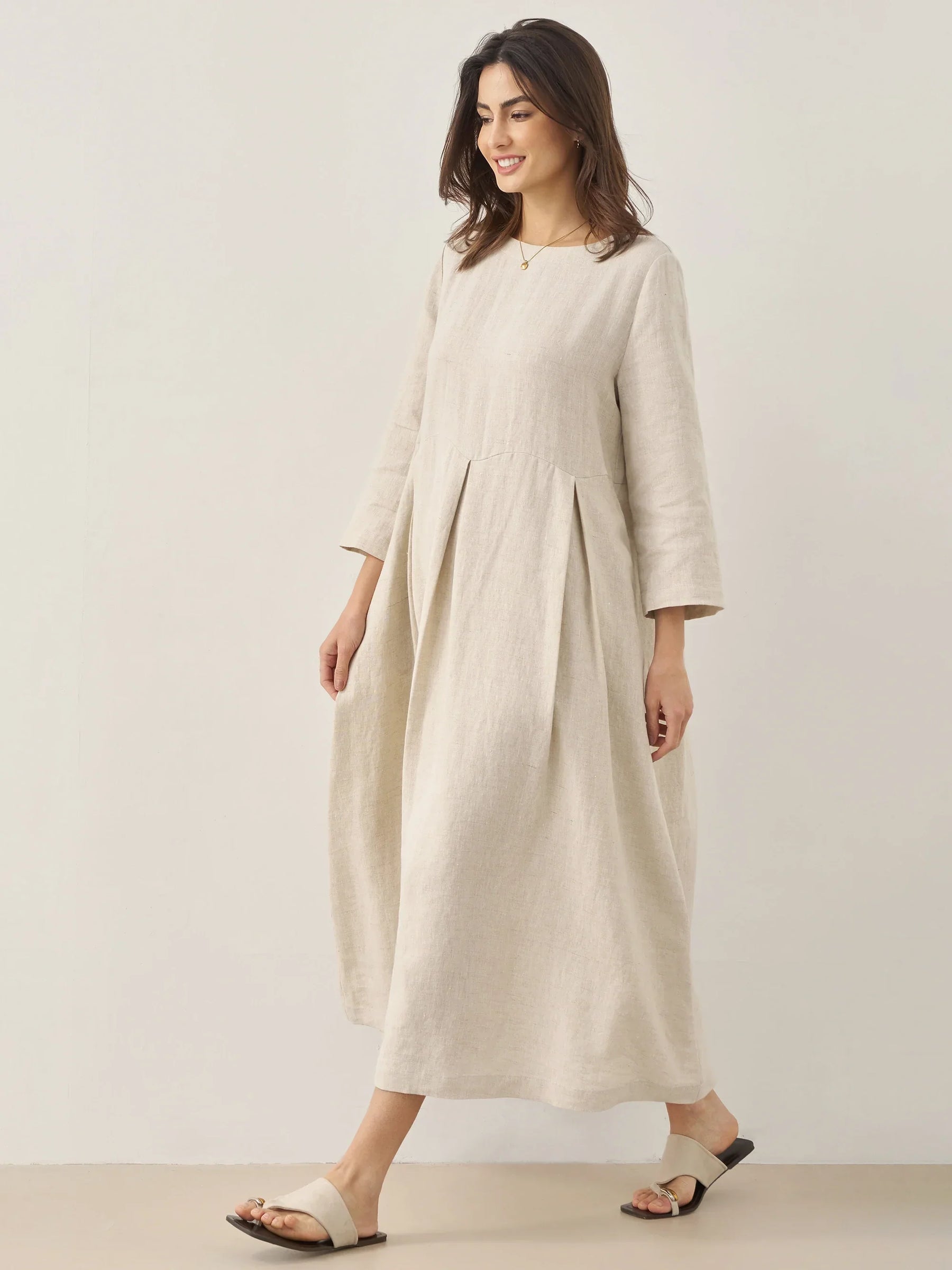 100% Linen Bateau Neck Pleated Maxi Dress ABIGAIL - Glamourous Grace