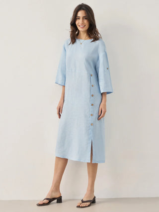 100% Linen Round Neck Button Detail Midi Dress JELENA - Glamourous Grace