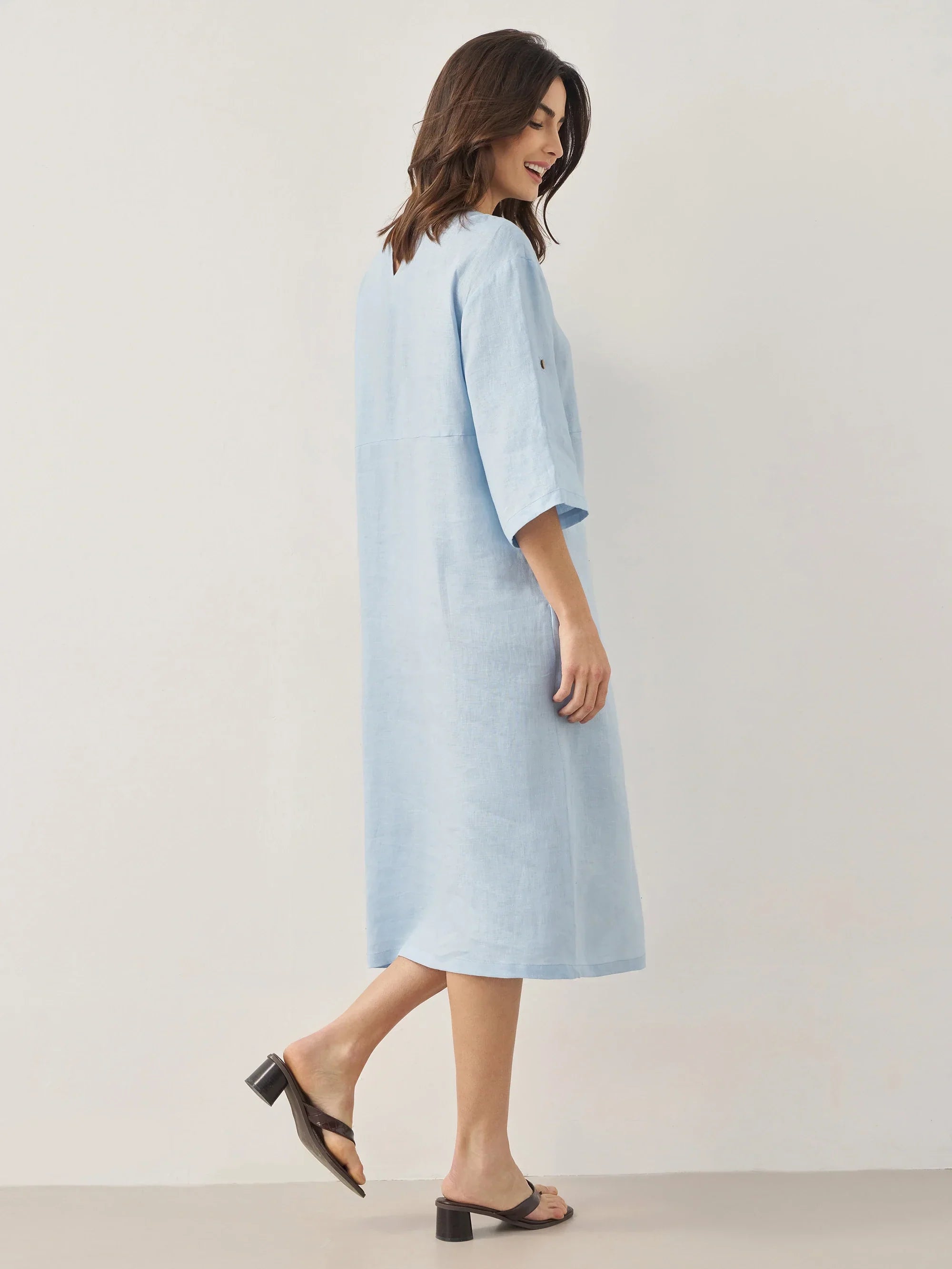 100% Linen Round Neck Button Detail Midi Dress JELENA - Glamourous Grace