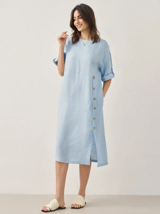 100% Linen Round Neck Button Detail Midi Dress JELENA - Glamourous Grace