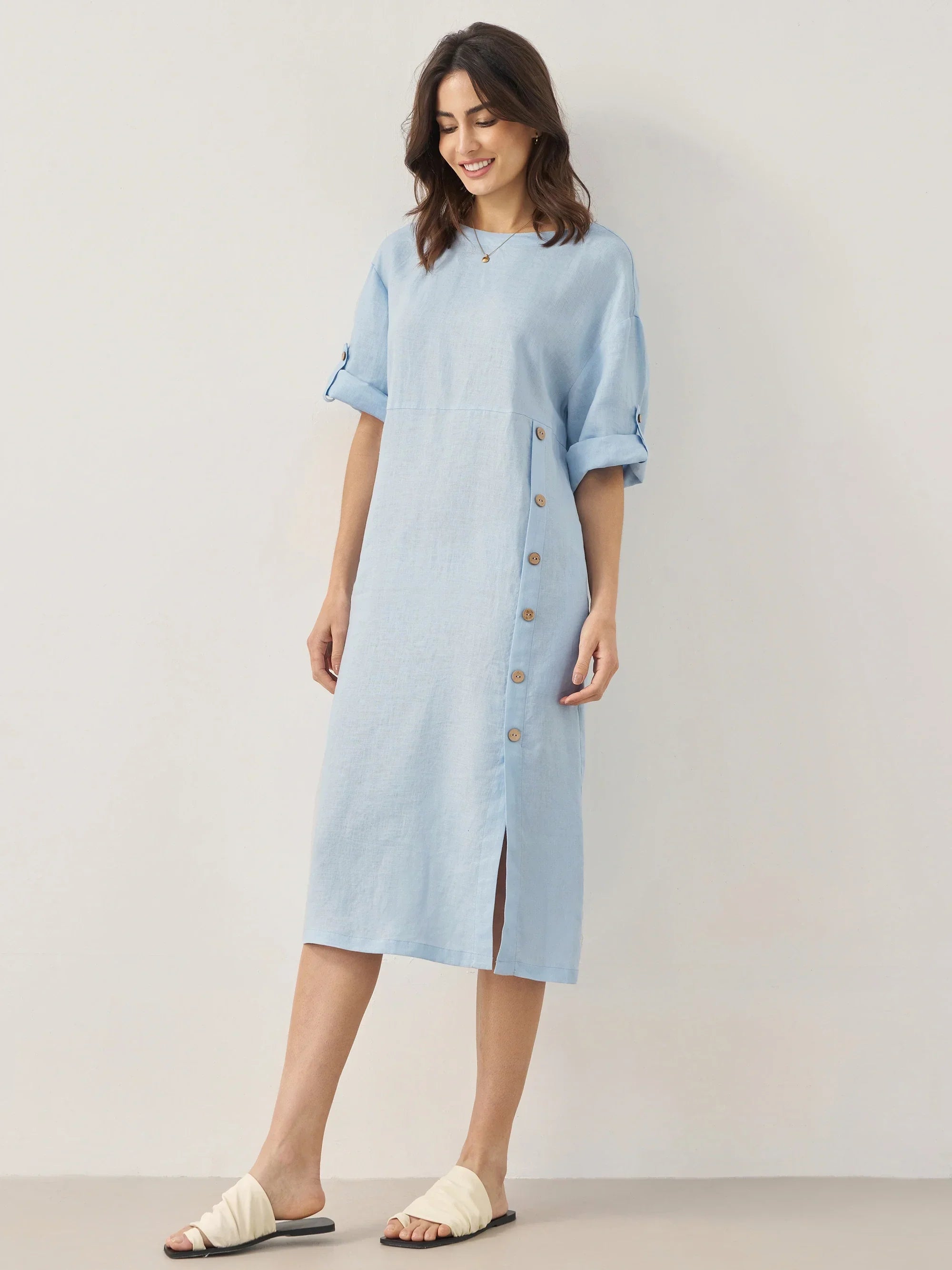 100% Linen Round Neck Button Detail Midi Dress JELENA - Glamourous Grace