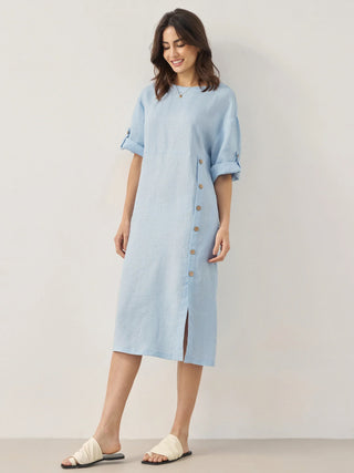 100% Linen Round Neck Button Detail Midi Dress JELENA - Glamourous Grace