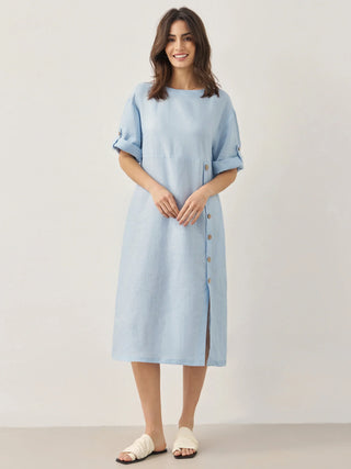 100% Linen Round Neck Button Detail Midi Dress JELENA - Glamourous Grace