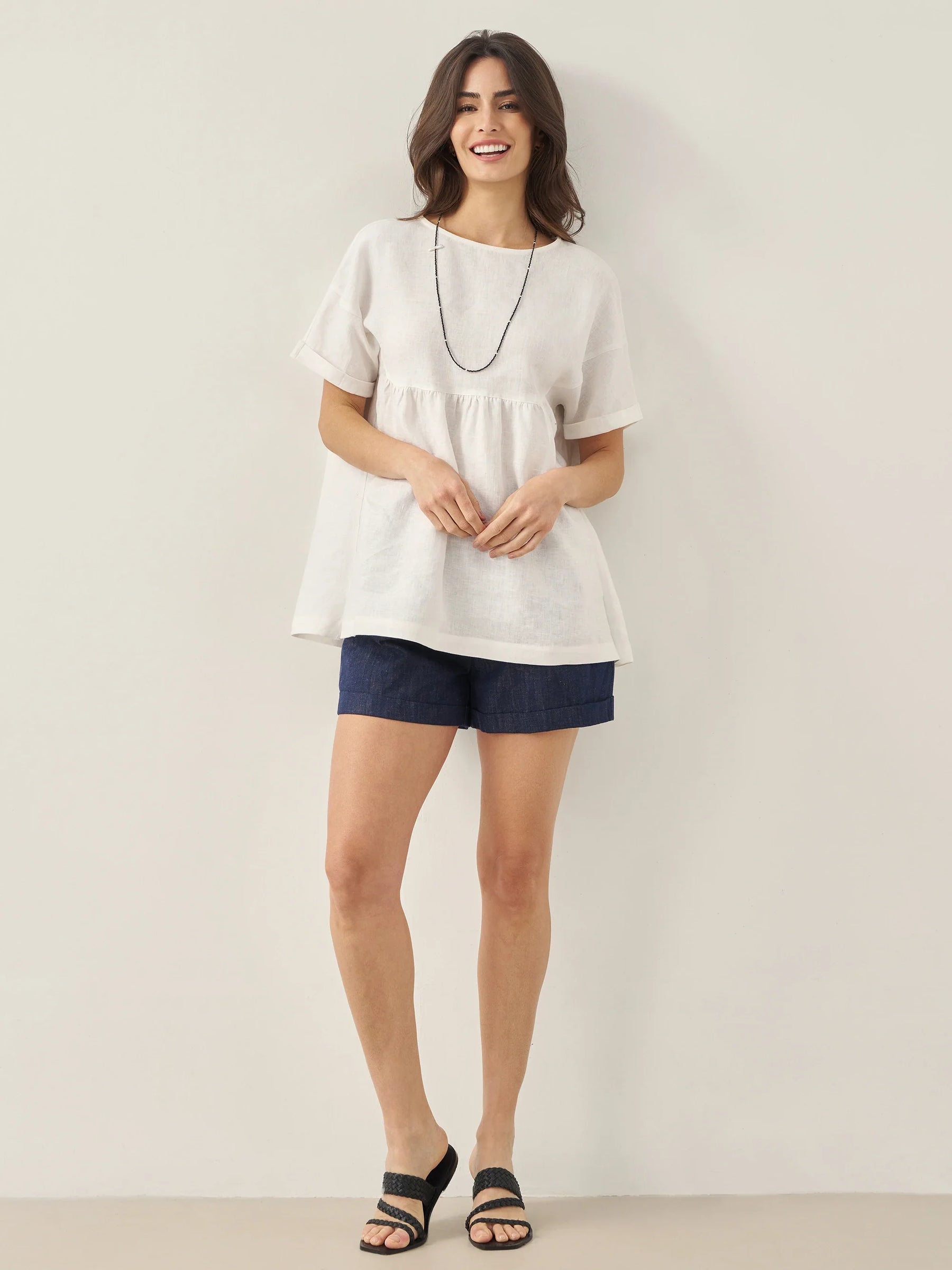 100% Linen Round Neck Pleated Pullover Top QUINLAN - Glamourous Grace