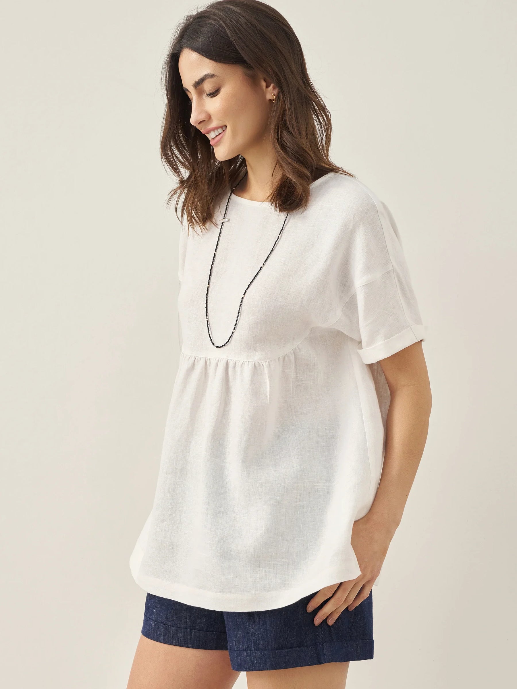 100% Linen Round Neck Pleated Pullover Top QUINLAN - Glamourous Grace