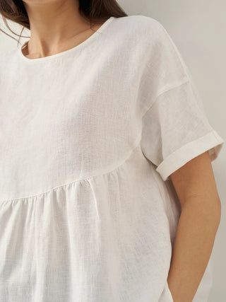 100% Linen Round Neck Pleated Pullover Top QUINLAN - Glamourous Grace