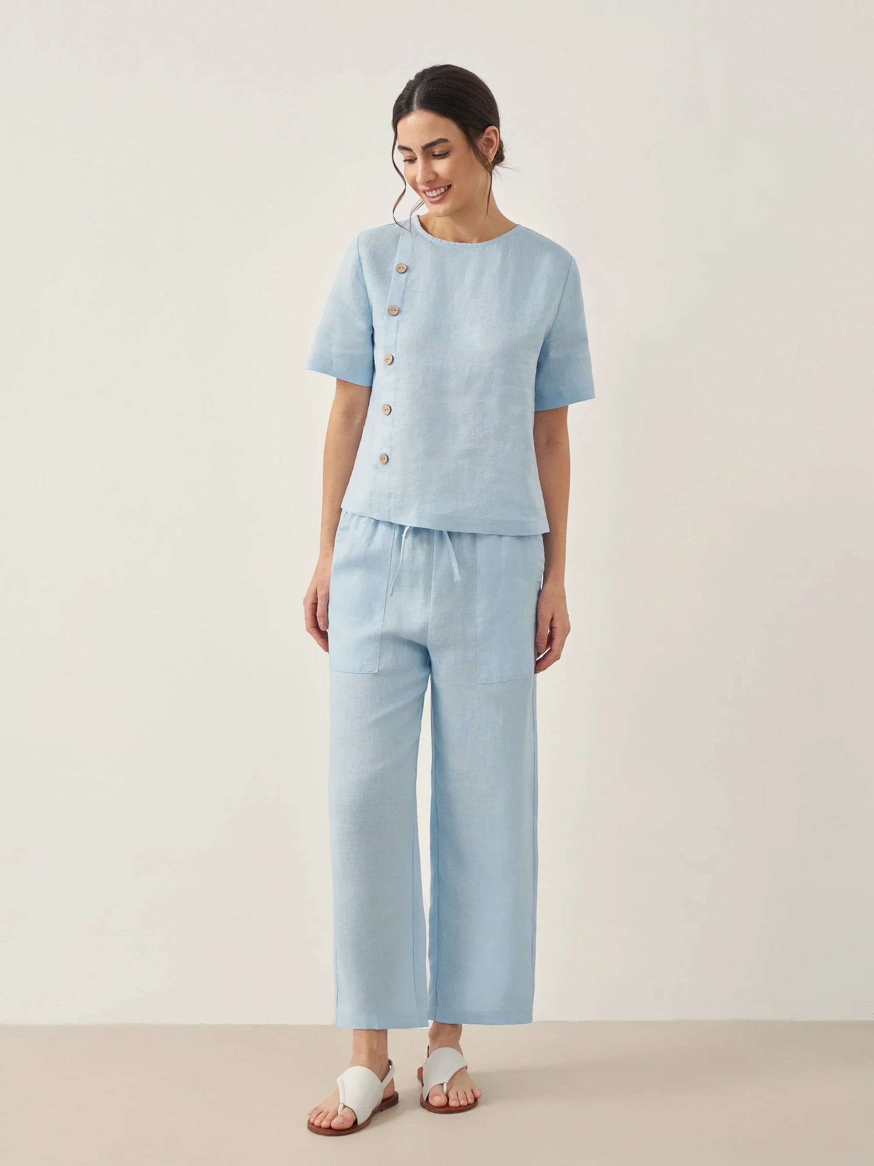 100% Linen Short-Sleeve Round Neck Button Detail Top & Pants Set JOSIE - Glamourous Grace