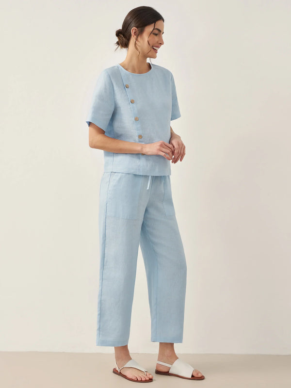100% Linen Short-Sleeve Round Neck Button Detail Top & Pants Set JOSIE - Glamourous Grace