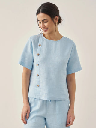100% Linen Short-Sleeve Round Neck Button Detail Top & Pants Set JOSIE - Glamourous Grace