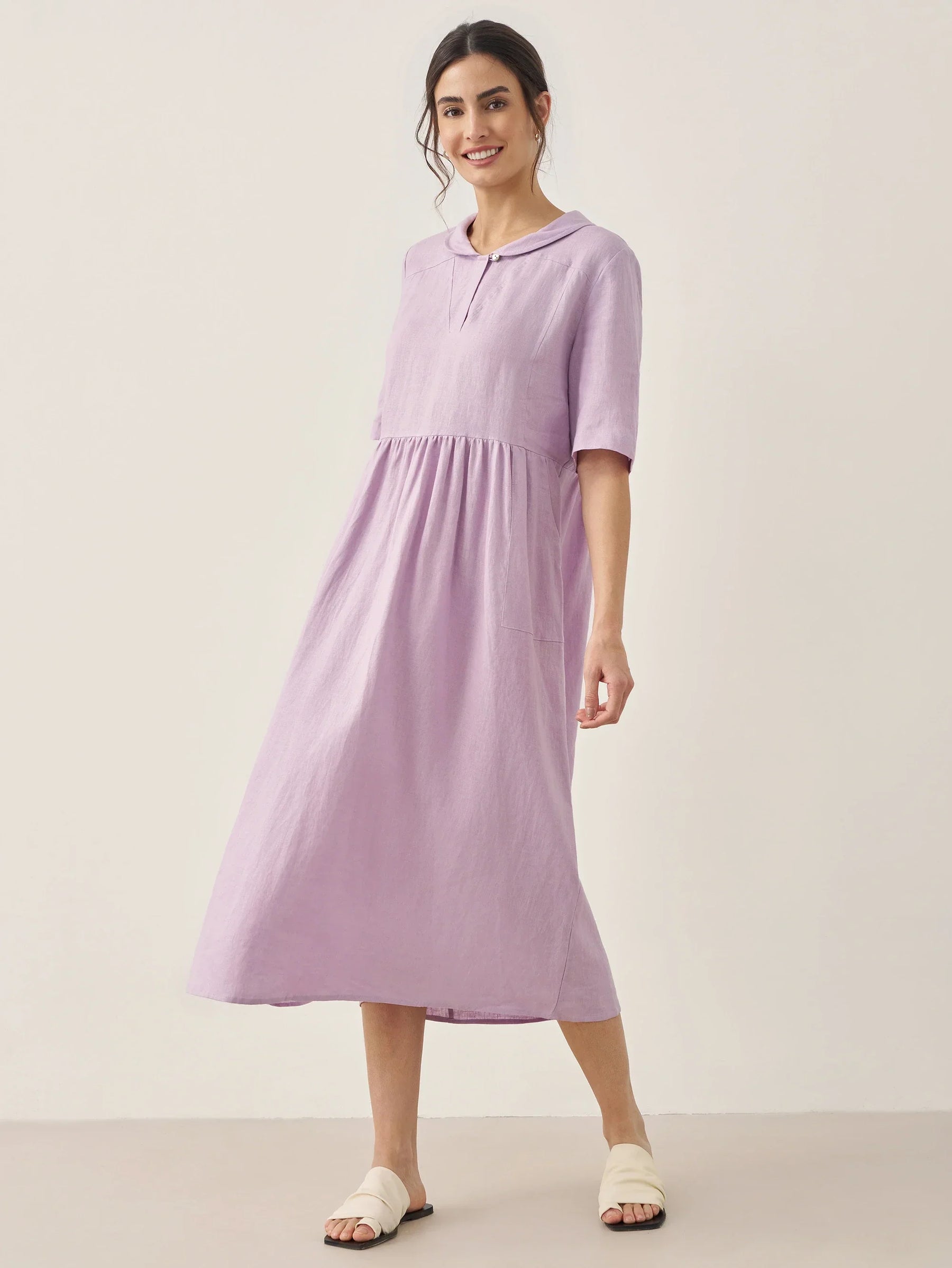 100% Linen Shawl V-Neck Pleated Maxi Dress SUSAN - Glamourous Grace