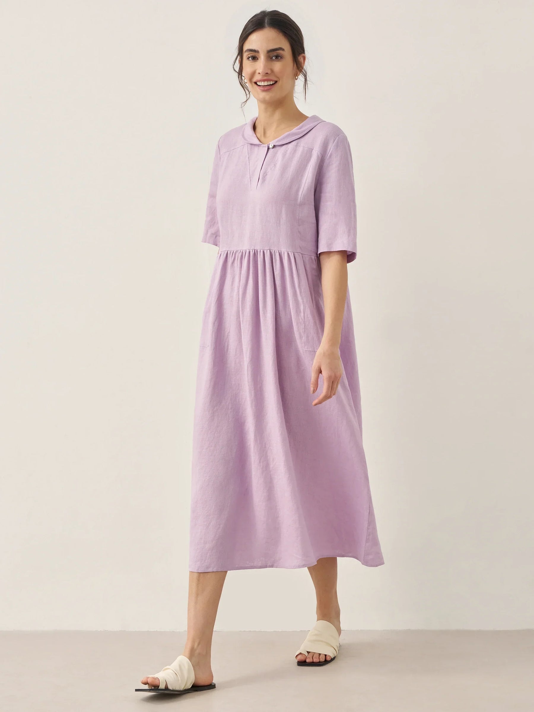 100% Linen Shawl V-Neck Pleated Maxi Dress SUSAN - Glamourous Grace