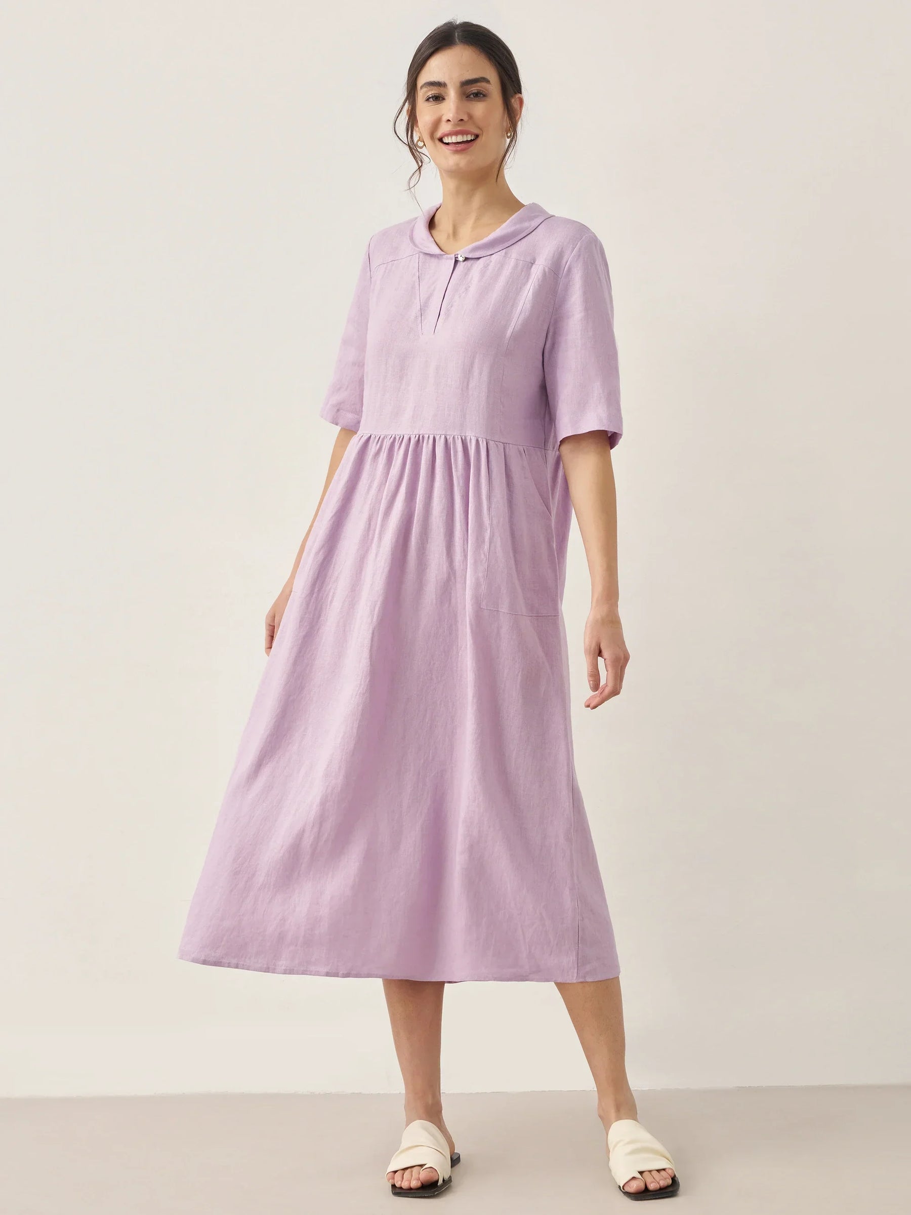 100% Linen Shawl V-Neck Pleated Maxi Dress SUSAN - Glamourous Grace
