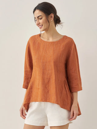 100% Linen Round Neck Artistic Stripe Top FLORENCE - Glamourous Grace