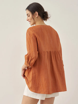 100% Linen Round Neck Artistic Stripe Top FLORENCE - Glamourous Grace