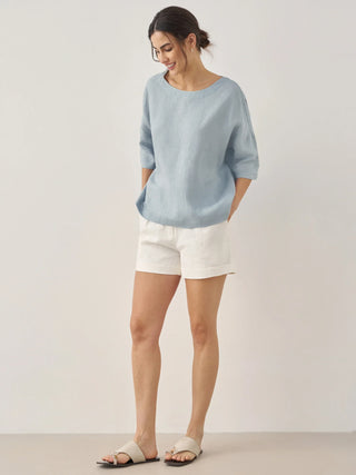 LINTICO 100% linen boatneck top with 3/4 length sleeves, natural fit, in a soft linen fabric, stylish and breathable blouse.