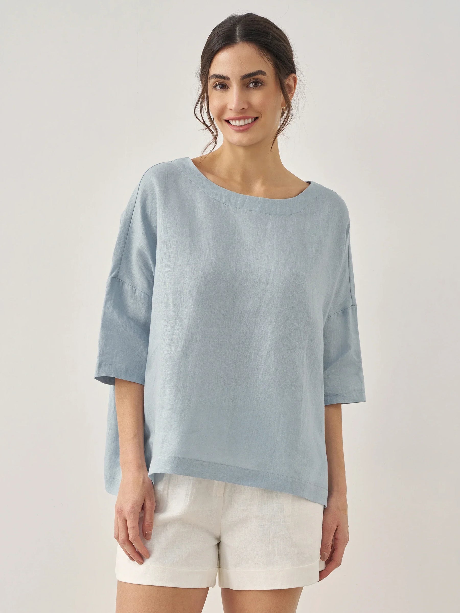100% Linen Boatneck 3/4 Length Sleeve Top AURORA - Glamourous Grace
