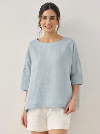 LINTICO 100% linen boatneck blouse with 3/4 length sleeves, soft and breathable top in natural linen fabric.