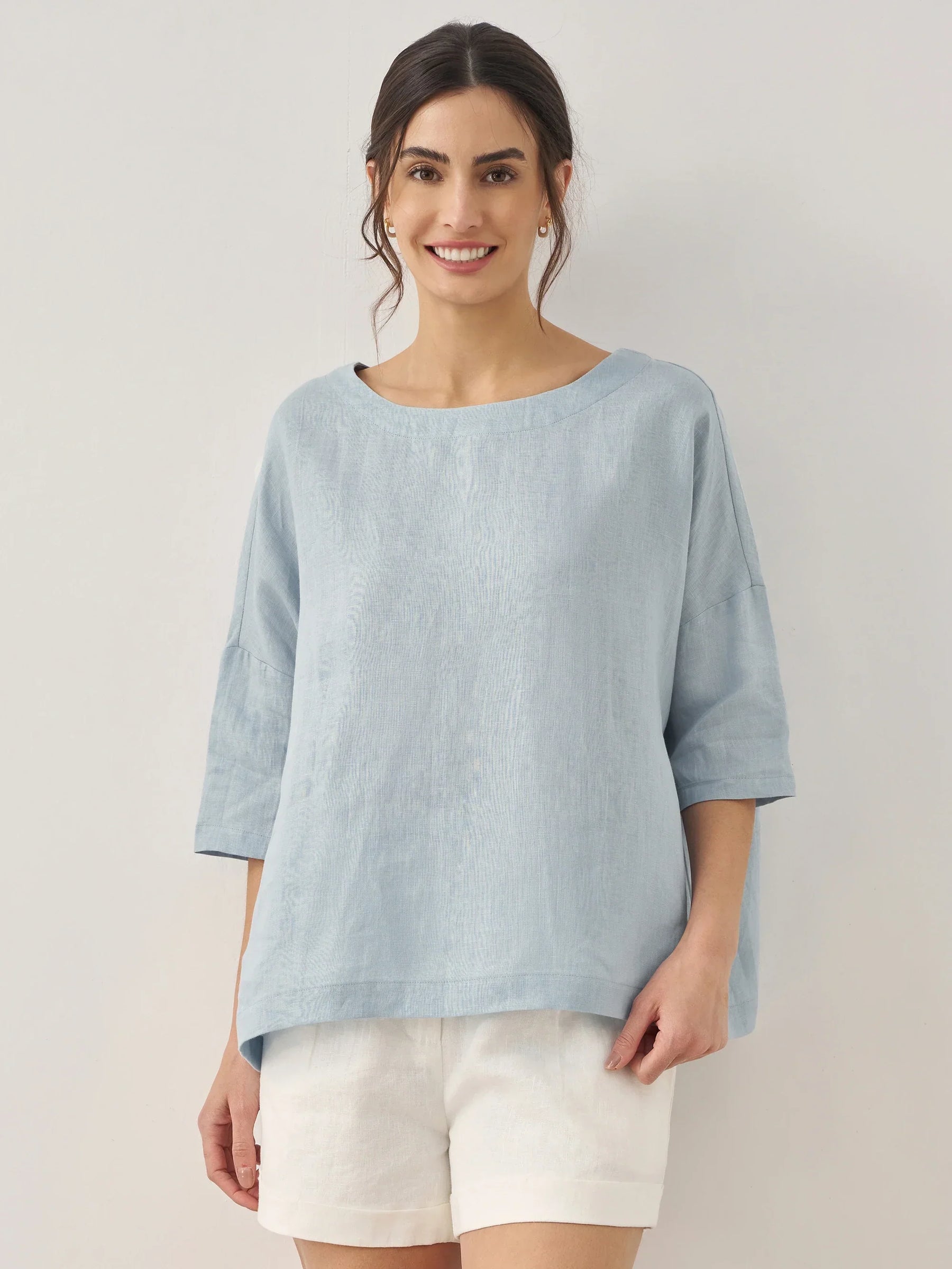 100% Linen Boatneck 3/4 Length Sleeve Top AURORA - Glamourous Grace