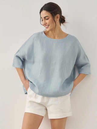 LINTICO 100% linen boatneck top with 3/4 length sleeves, lightweight and breathable blouse in natural linen fabric.