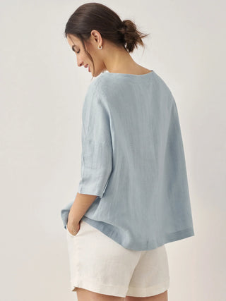 LINTICO 100% linen boatneck blouse with 3/4 length sleeves, lightweight and breathable top in natural linen fabric.