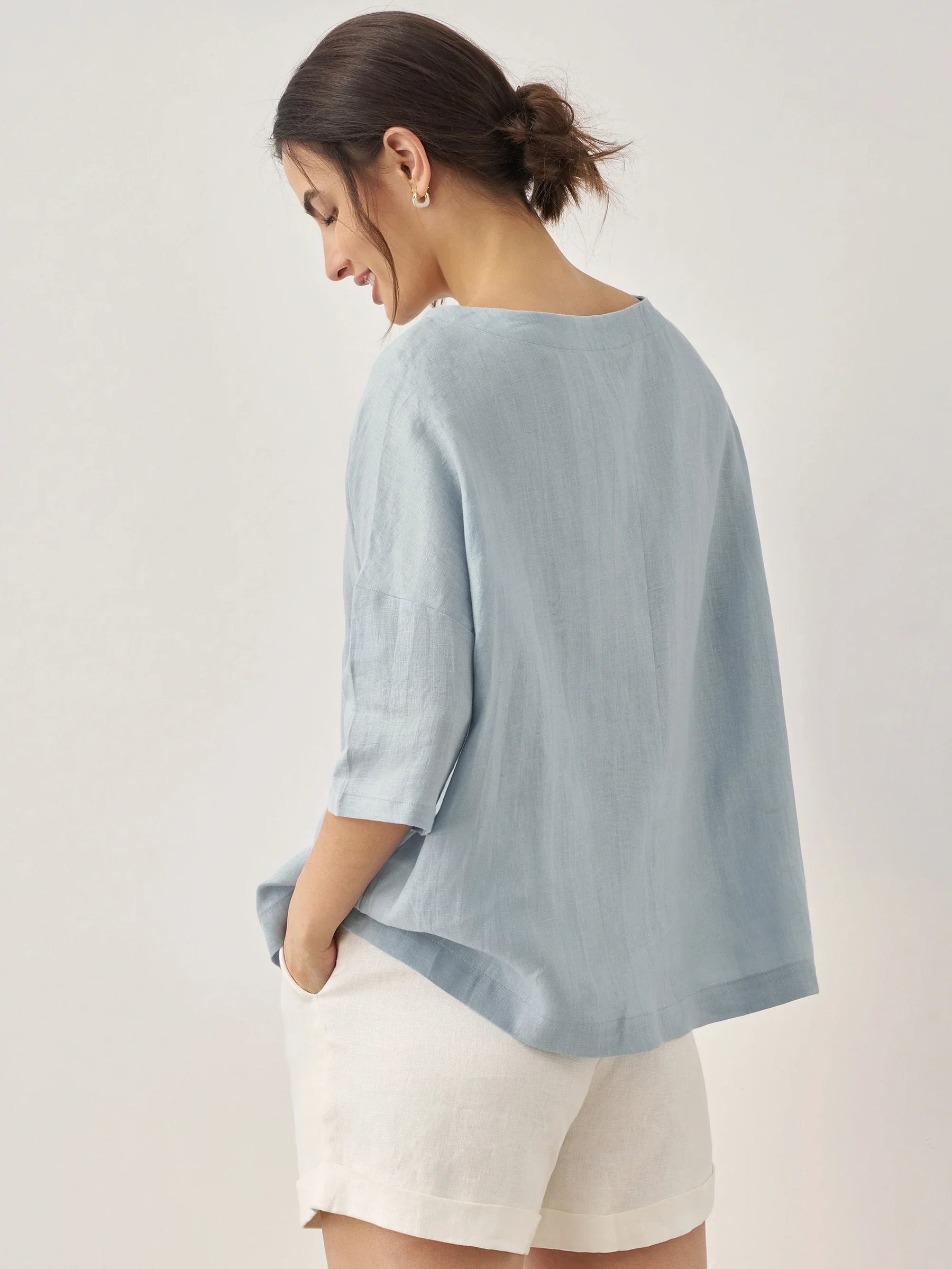 100% Linen Boatneck 3/4 Length Sleeve Top AURORA - Glamourous Grace