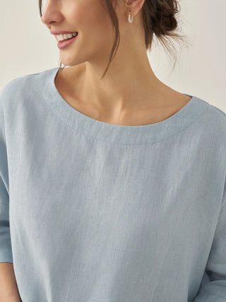 LINTICO 100% linen boatneck blouse with 3/4 length sleeves, soft and breathable top for casual wear