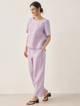 100% Linen Short-Sleeve Round Neck Button Detail Top & Pants Set SASHA - Glamourous Grace