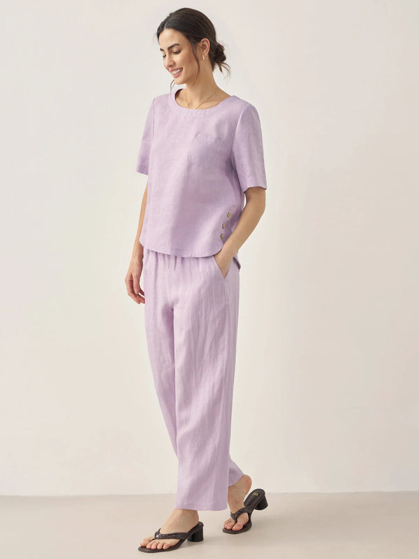 100% Linen Short-Sleeve Round Neck Button Detail Top & Pants Set SASHA - Glamourous Grace