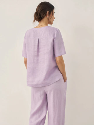 100% Linen Short-Sleeve Round Neck Button Detail Top & Pants Set SASHA - Glamourous Grace