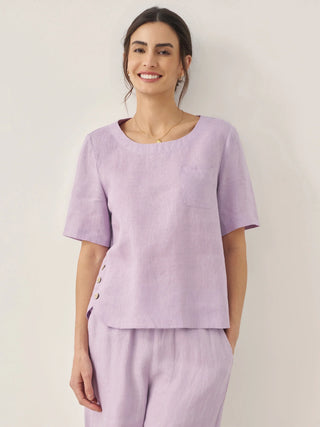 100% Linen Short-Sleeve Round Neck Button Detail Top & Pants Set SASHA - Glamourous Grace