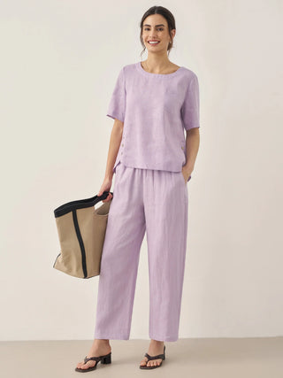 100% Linen Short-Sleeve Round Neck Button Detail Top & Pants Set SASHA - Glamourous Grace